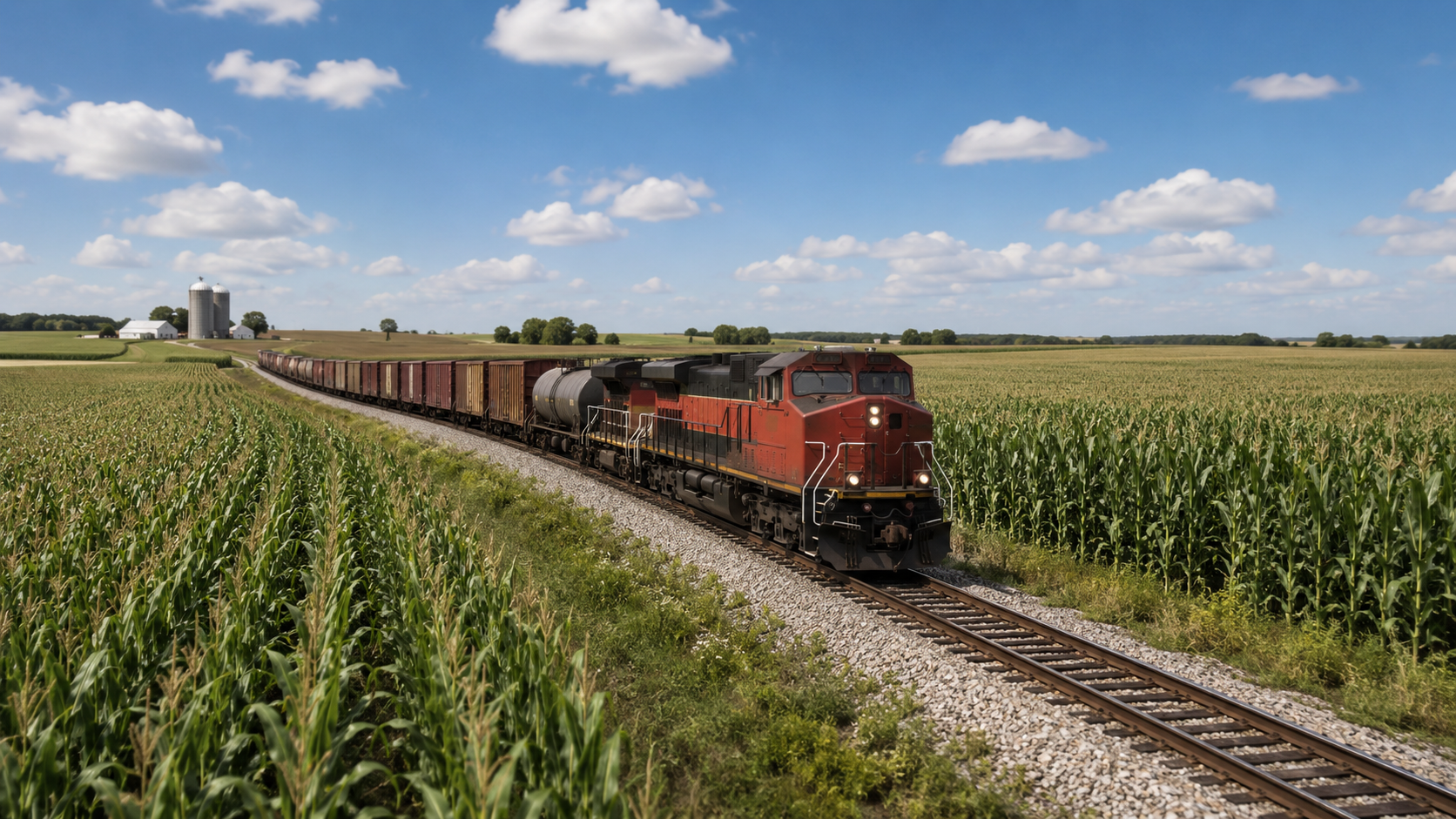 Model train running through a Midwest corn field on ballast track under a blue sky.