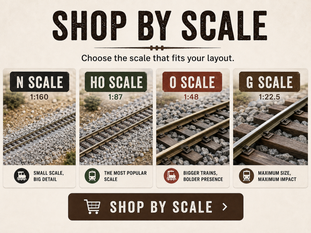 N, HO, O and G scale model railroad scenes
