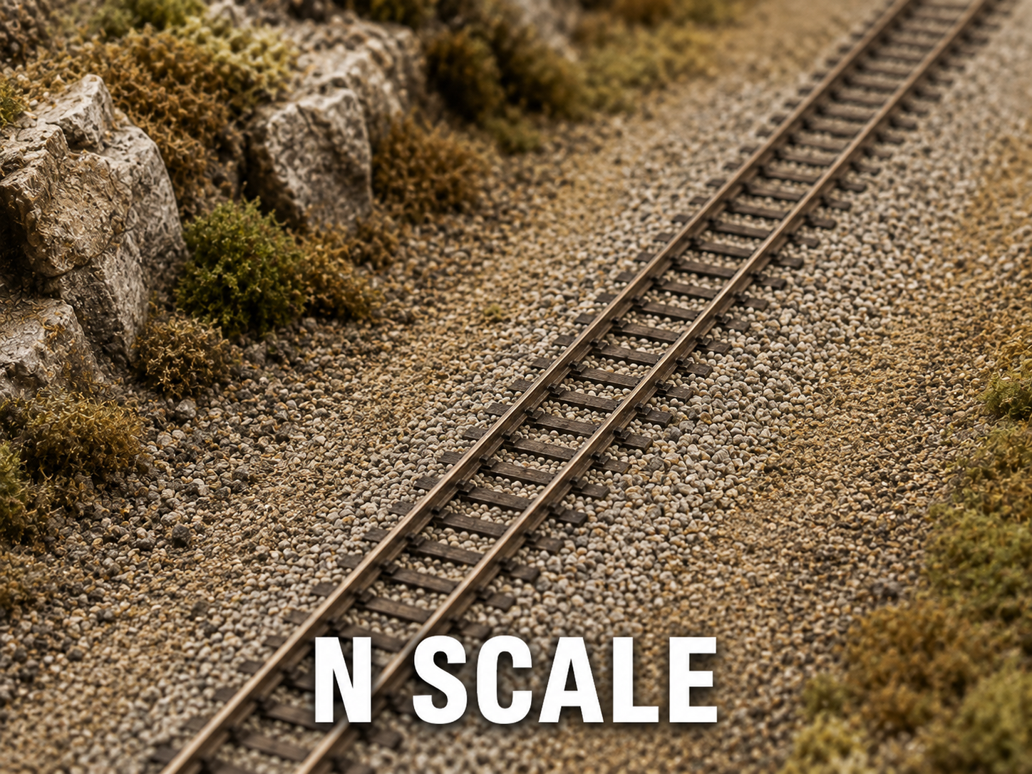 N scale track with realistic ballast and scenery