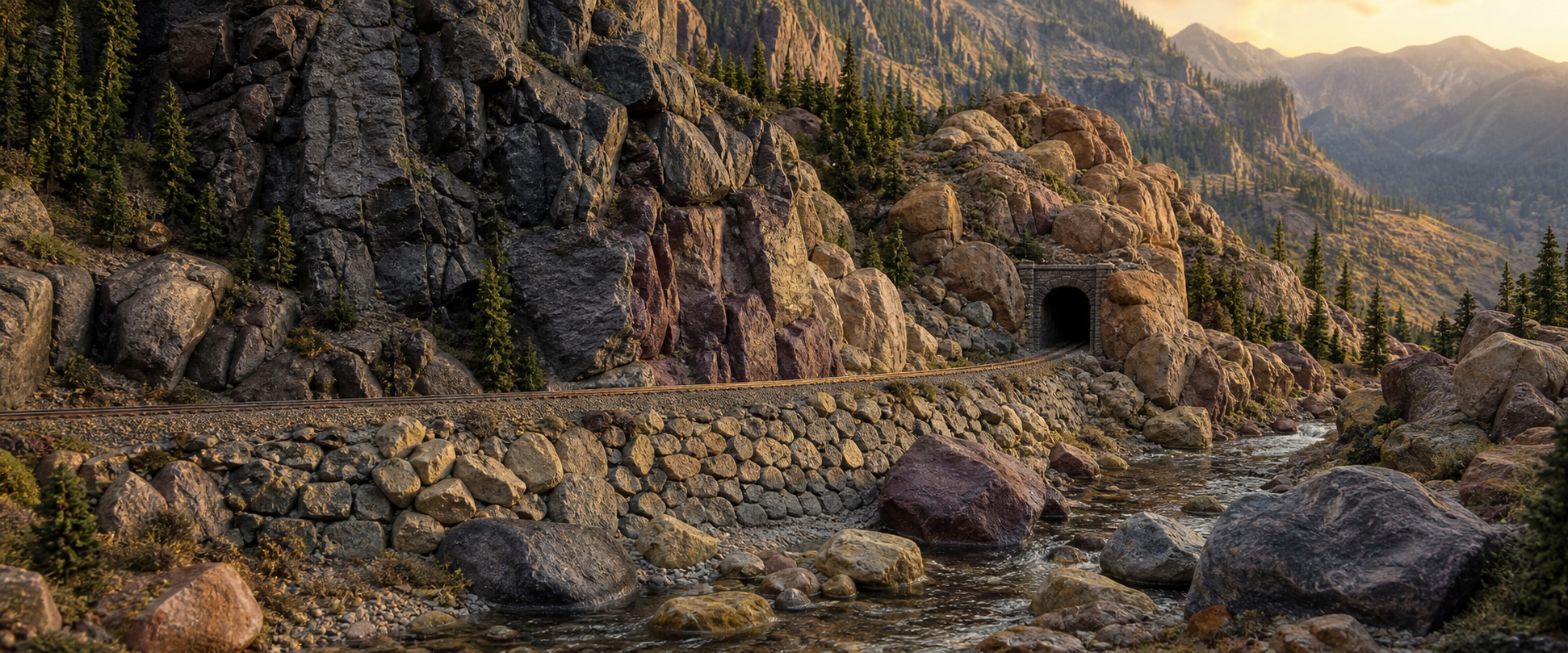 Boulders and extra-large rocks forming model railroad outcrops, cliffs and stream banks