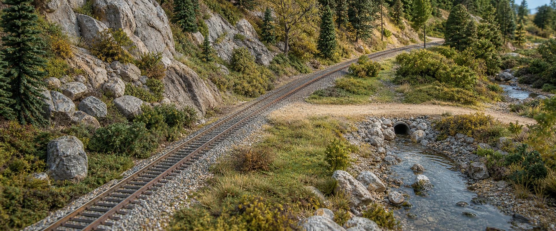 Model railroad scenery made with rocks, boulders, sand, gravel and pigments