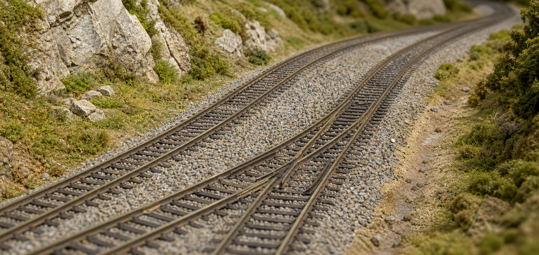 Properly sized real-rock ballast installed on N scale model railroad track