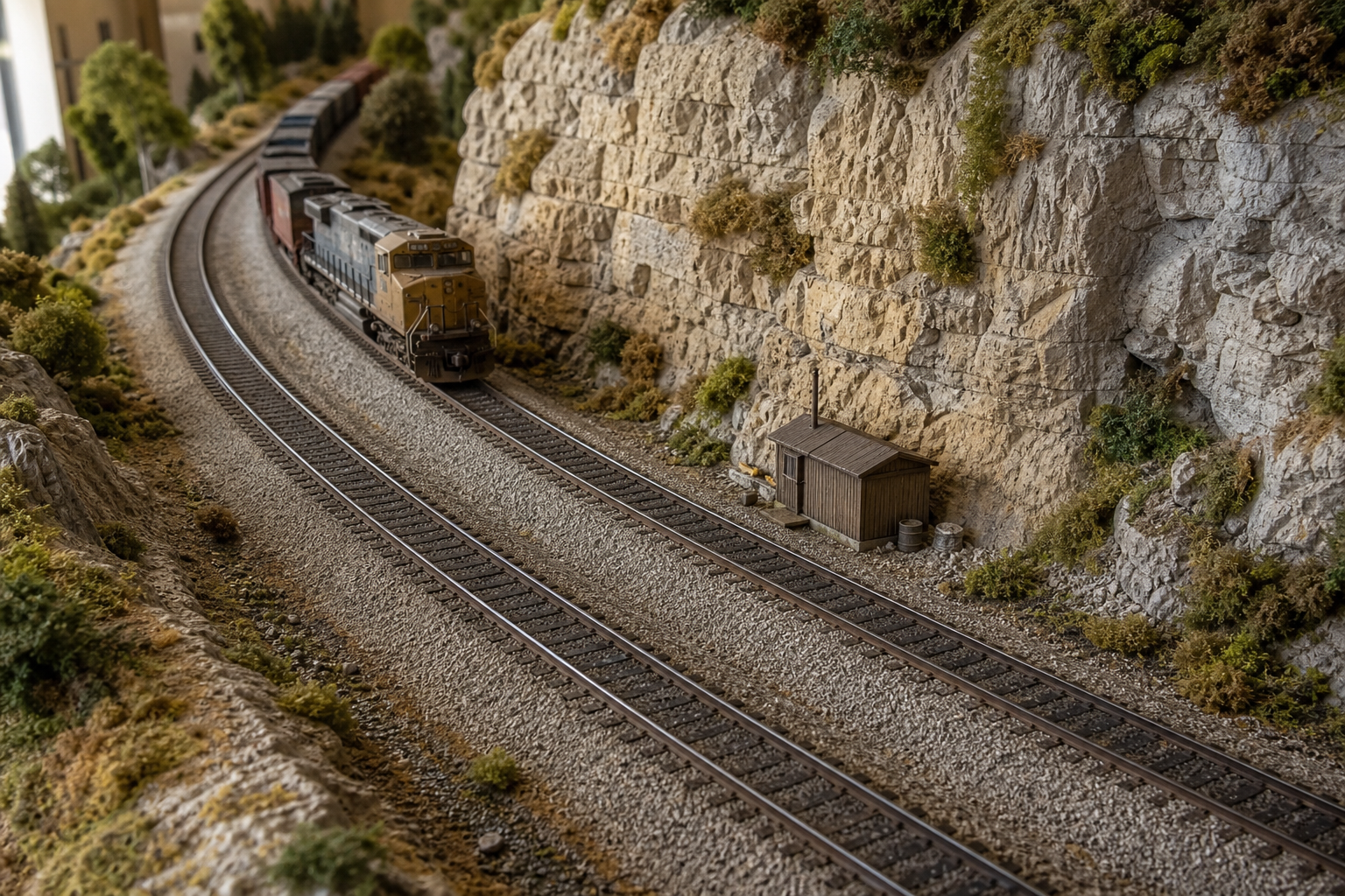 HO scale track with realistic ballast and scenery