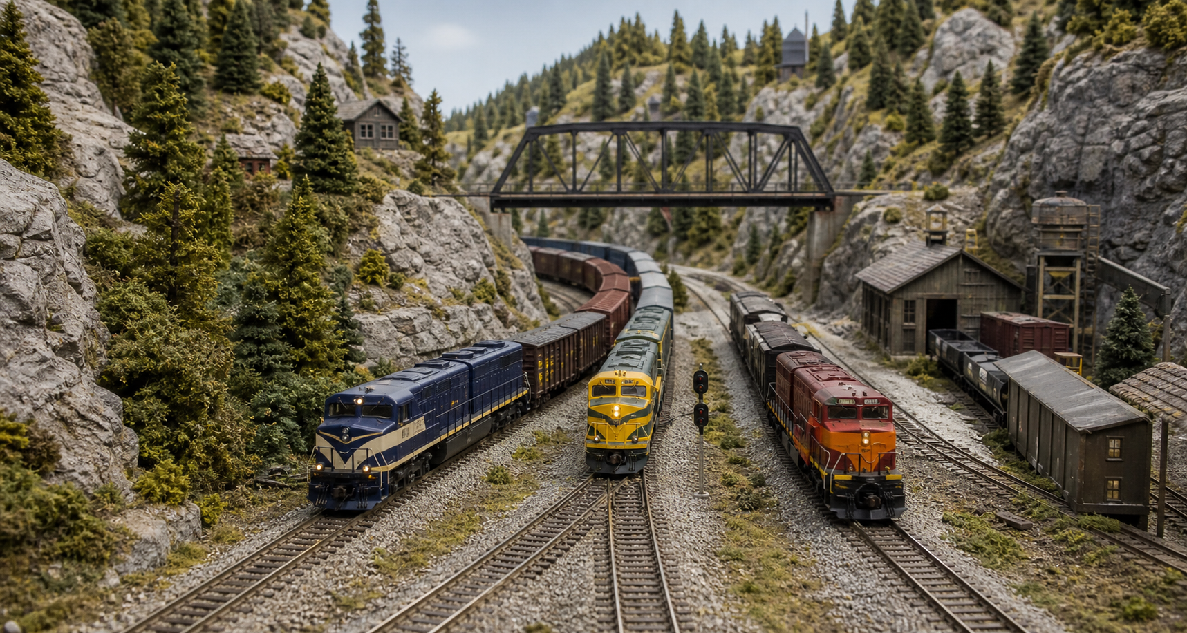 Several HO scale model railroads meeting at a realistic scenic junction