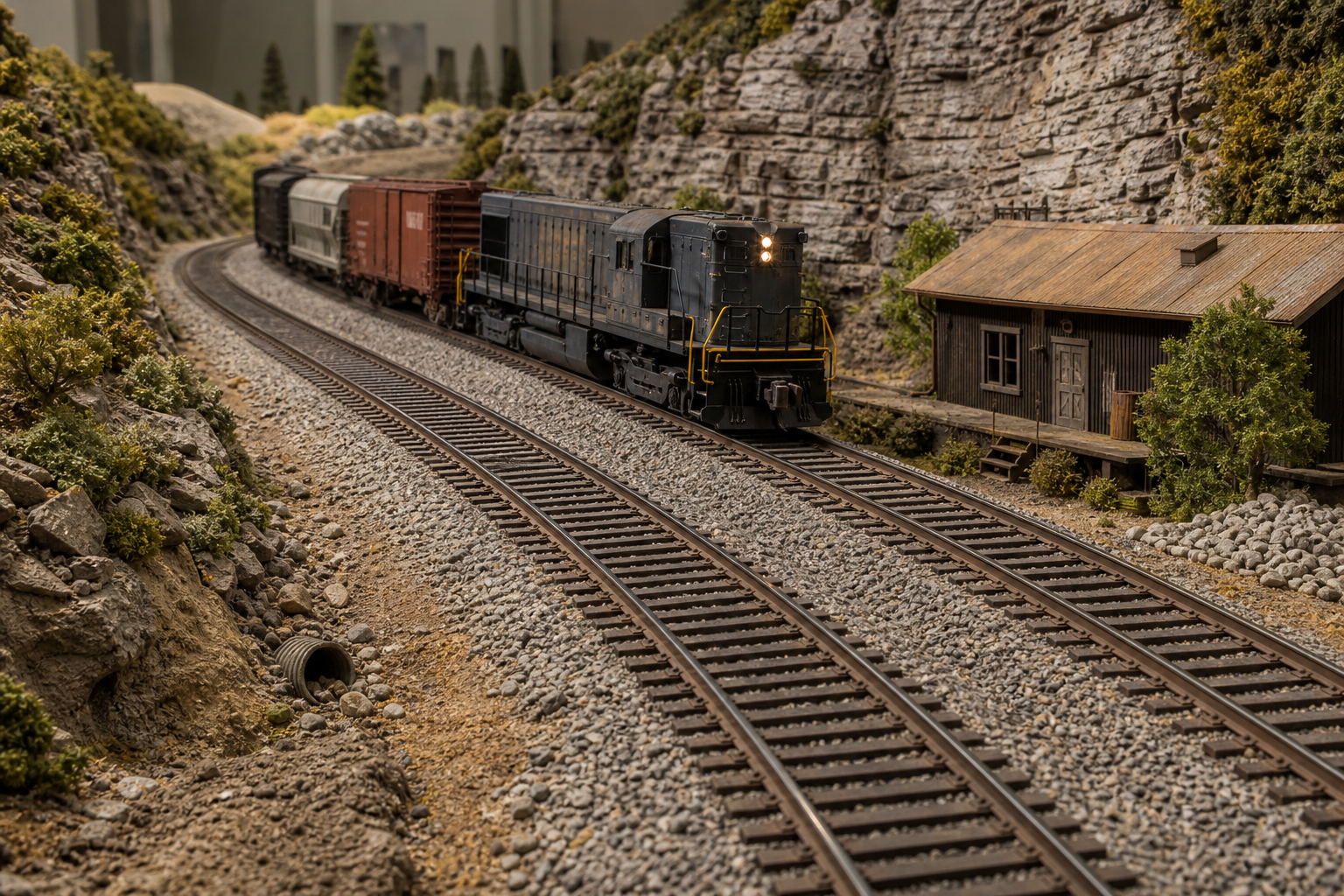 O scale track with realistic ballast and scenery