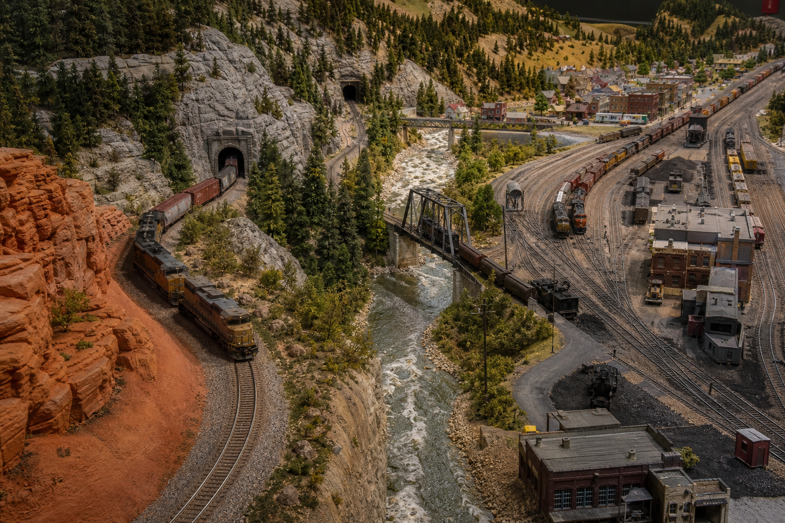 Detailed model railroad showing realistic track ballast, mountains, desert, river, town and industrial scenery